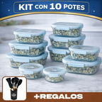 Kit de 10 Frascos Herméticos de Vidrio Templado Premium con Tapa Sellada y Traba de Seguridad + ¡Kit de Utensilios GRATIS!